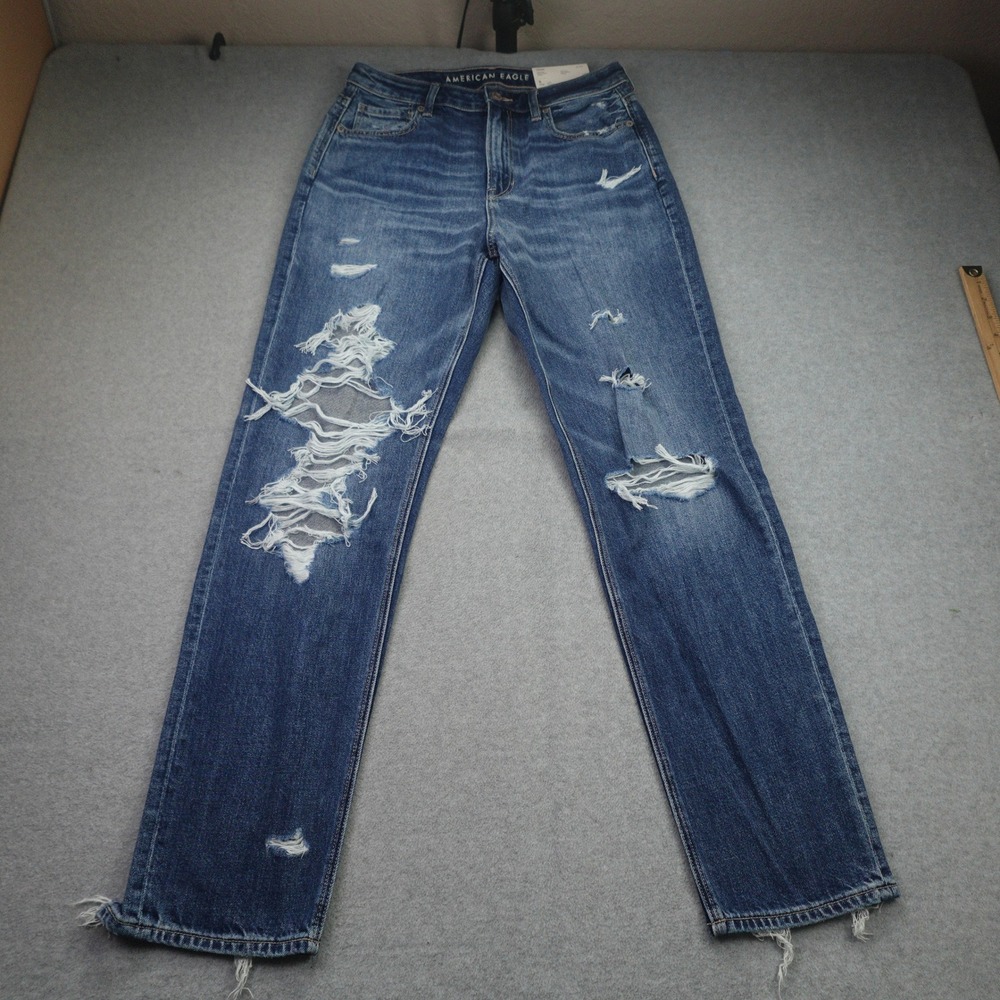 American‎ Eagle Jeans Womens 8 Long Super Indigo Distressed Mom Denim Strigid